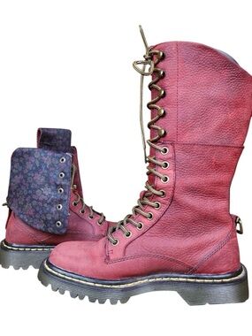 DR MARTENS Rare Burgundy Red Aleina Leather Fold Over Boots Floral Lining Size 8
